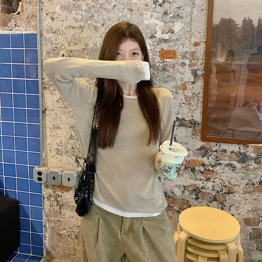 Red Dragonfly T-shirt Women's Long Sleeve Knitted Sweater Relaxed 2025 New Round Neck Bottoming Shirt Lazy Sweater Fake Two-piece Top Oatmeal Color One Size One Size Recommended 80-130 Jin Jin equals 0.5 kg