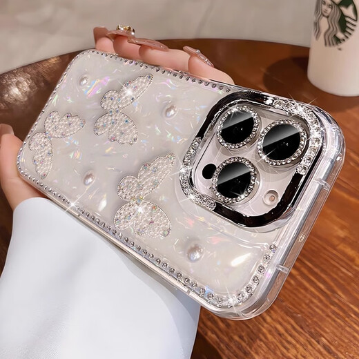 Mieyang Applicable to Apple 16promax mobile phone case iPhone 15 new rhinestone lens film 14pro pearl butterfly shell pattern 13 anti-fall 12 camera buttons all inclusive advanced [Solid color butterfly] AI camera buttons-Pearl rhinestone-with lens film iPhone 16pro