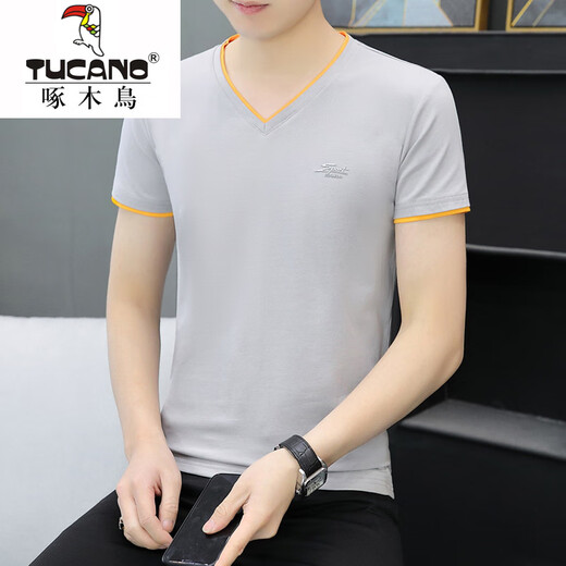 
Woodpecker 2025 new Xinjiang pure cotton men's short-sleeved T-shirt base shirt V-neck T-shirt trendy half-sleeved summer top 691 white M