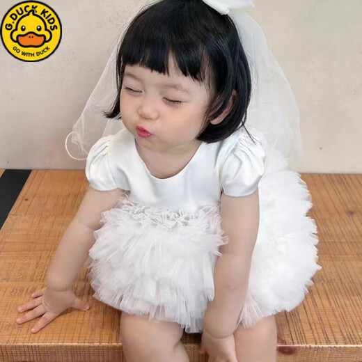G.duck Children's First Birthday Dress 2025 New Super Fairy and Cute Princess Dress Girls Princess Dress Summer White + Veil 80