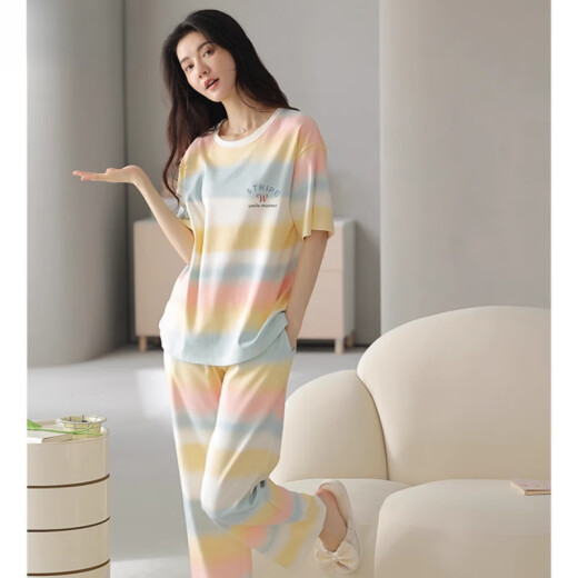 猫人（MiiOW）睡衣女夏季纯棉短袖长裤2025新款夏天女款风家居服套装 NJR-9712 M [建议80-100斤穿]