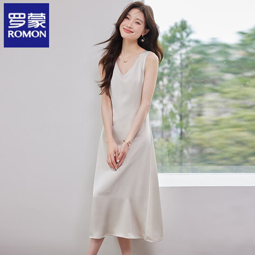 罗蒙（ROMON）高级感真丝吊带连衣裙女夏季醋酸缎面中长裙内搭丝绸无袖气质 Q9934杏色连衣裙 L