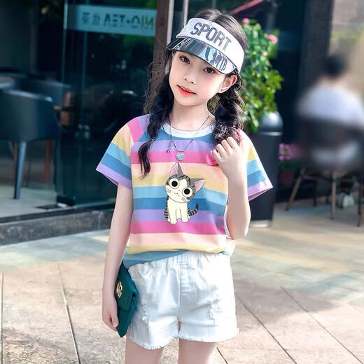 哈罗小黄鸭童装女童短袖t恤女夏装新款棉中大童条纹宽松半袖彩虹条ins 彩虹684 150 【60-75斤左右】
