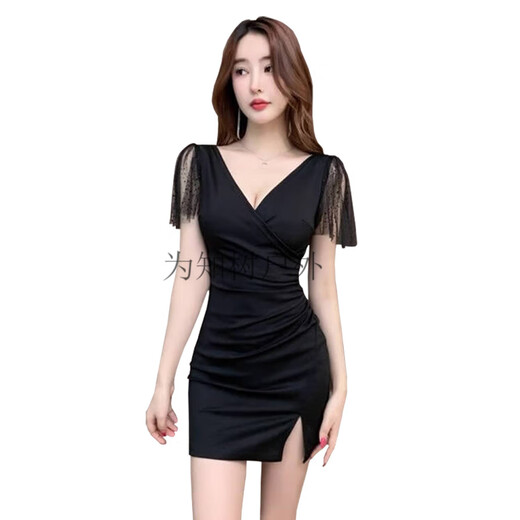 为知树夜总会KTV性感连衣裙女深V礼服SPA足浴按摩技师工作服包臀裙夜场 增3882黑色+ 3XL 建议135-150斤