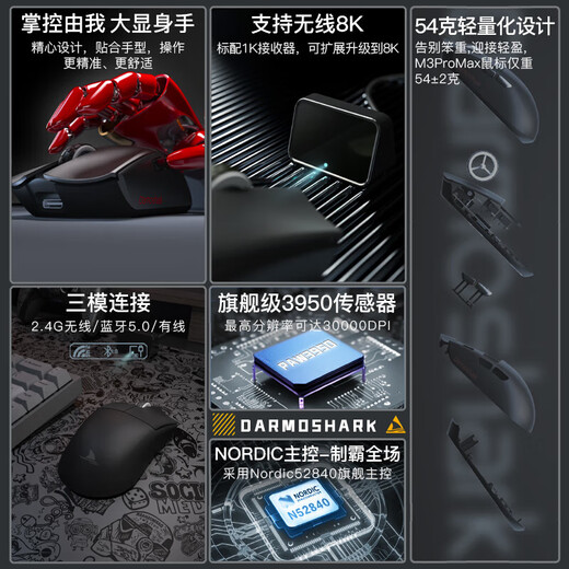 Darmoshark达摩鲨M3PROMAX无线蓝牙三模鼠标可充电有线办公电竞游戏笔记本电脑ipad平板手机通用鼠标8K接收器 白色【拆封不支持7天无理由】