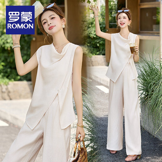罗蒙（ROMON）2025超火夏装一整套套装女夏季新款时尚无袖背心上衣阔腿裤两件套 牛仔蓝 【版】 M
