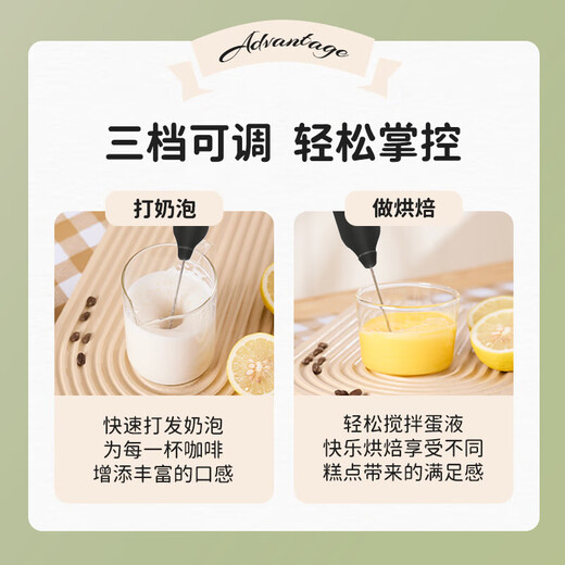 Royalstar electric milk frother, household milk frother, small egg beater, coffee frother, cream whipper, handheld mixer, black - upgraded double spring - long battery life, three-speed speed adjustment