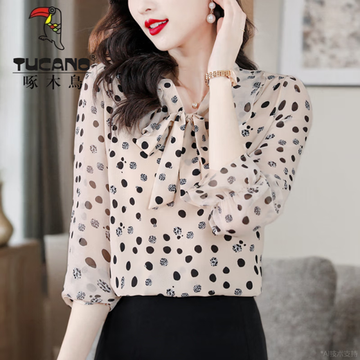Woodpecker Wave Dot Long Sleeve Chiffon Shirt for Women in Spring and Summer New Bow Temperament Top Fashionable Middle-aged and Elderly Mother's Shirt Apricot 9923 Model M _90-100Jin [Jin equals 0.5 kg]