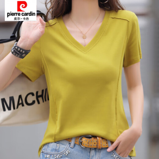 Pierre Cardin 2025 Neue Mode Casual V-Ausschnitt Pure. Baumwollschulter kurzärmeliges T-Shirt für Frauen im Sommer Korean New Lose Black Short Burgund (9855 Baumwolle) S 85-95jin [Jin entspricht 0,5 kg]