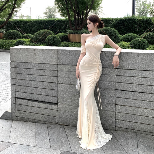 YIOU adult dress evening dress hot girl oblique shoulder lace splicing slim smocked hip-hugging fishtail dress long floor-length apricot M