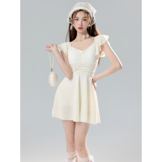 UKUHPK2025连体群式泳衣女甜美风显瘦收腰遮肚感小胸聚拢泳装 9853米白色(特殊面料) M (85-95斤)