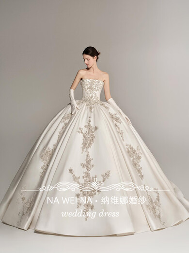 勤驰抹胸主婚纱礼服新娘新款复古出门纱小个子简约重工缎面轻 齐地送头纱手套裙撑+模特同款袖 S 均码