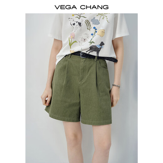 VEGA CHANG休闲裤夏薄款女2025新款简约百搭高腰显瘦宽松A字短裤 军绿色 L