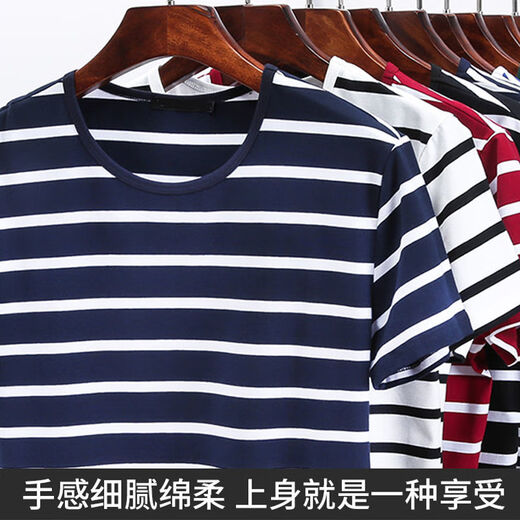 Liyunhouse 3519 Menschen sammeln Frühlings- und Sommer neue koreanische Streifenjungen kurzärmeliges T-Shirt für mittlere und junge Menschen rund Hals Caom Casual Base Two-Tiefe Striped Blue + Striped White M.