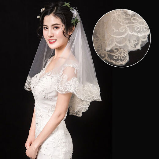 山头林村头纱领证珍珠头纱新娘主婚纱头饰超仙森系结婚盖头珍珠短款小道具 蕾丝花边1.4米左右