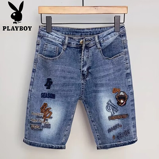 花花公子（PLAYBOY）欧洲站牛仔短裤男士夏季潮牌印花刺绣五分裤潮流修身休闲弹力中裤 浅蓝色CK9925款 28