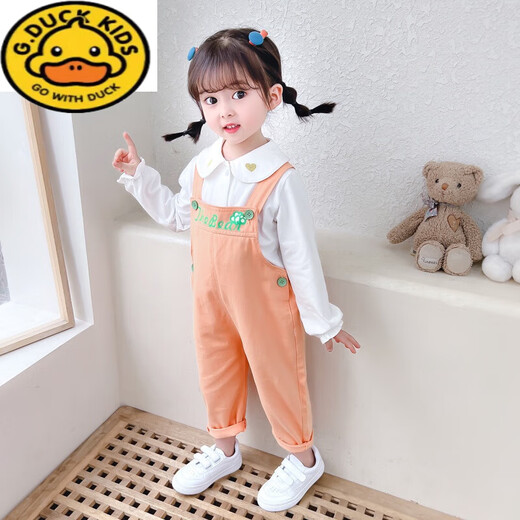 G.DUCKKIDS女童卡通背带裤2023春秋款儿童洋气裤子小童春季韩版宝宝春装 桔色 130 cm