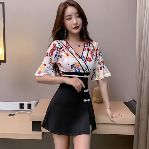 
A 21 FUNB new age-reducing foot massage shop female technician work clothes fashionable printed dress to make you look slim and elegant foot massage set 1391 black S