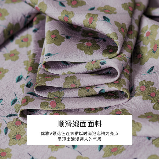 ROEYSHOUSE罗衣优雅V领花色连衣裙女2025夏季新款时尚泡泡袖收腰中长裙12138 花色 2XL