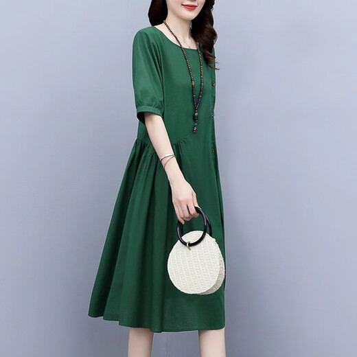 
XAE luxury high-end brand short-sleeved dress for women 2025 summer new round neck loose and fashionable age-reducing slimming skirt gray XL 125-135Jin [Jin equals 0.5 kg]