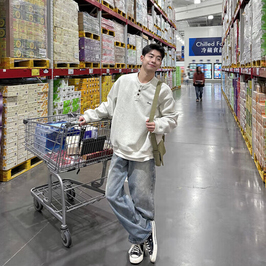 Muwei Retro Solid Color Henley Collar Sweatshirt Long Sleeve Men's Spring and Autumn 2025 New Casual Loose Versatile Top Jacket White Gray XL Recommended 130-150 Jin Jin equals 0.5 kg