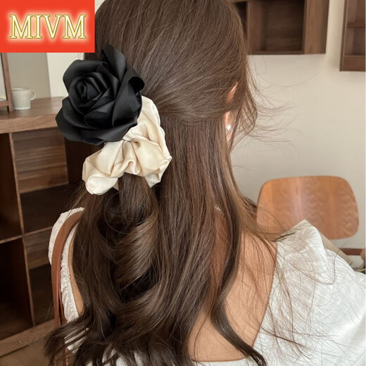 
MIVM Korean new style champagne black fabric camellia hair ring fashion sense high ponytail satin flower hair rope gift 3886-1-Champagne rose satin hair ring