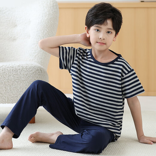 EMBERLOVE男童睡衣夏季薄款儿童短袖长裤纯棉家居服小男孩中大童青少年套装 N9901【短长】 165 cm L码 100-115斤