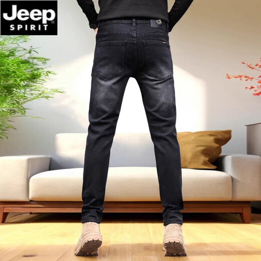 JEEP SPIRIT jeans 2025 new men's trendy brand high-end spring and autumn pants men's elastic slim small straight men's pants 1048 black 28 (2 feet 1)