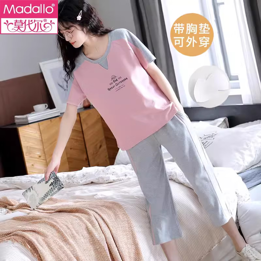 莫代尔睡衣女士带胸垫夏季薄款纯棉短袖七分裤套装甜美少女家居服可外穿 带胸垫679巴比熊短袖七分裤 M 75-95斤左右