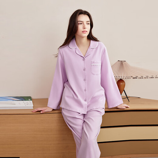 American Standard autumn and winter new woven cotton couple's long-sleeved pajamas women's lapel pure cotton men's home clothes Crystal Purple M