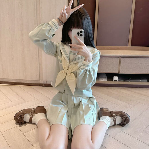 Shenbei Original Genuine Mint JK Uniform Japanese Sailor Uniform Basic College Uniform Student Suit Mint Green Three Short Sleeves + Skirt + Goldfish Knot M