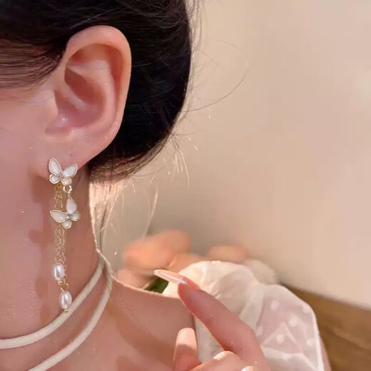 Feiyu S925 Silver Needle Silver-plated Super Fairy Butterfly Tassel Earrings Two-Wear Long Pearl Earrings Light Luxury Style Gold-Silver-Plated Needle Butterfly Tassel Earrings