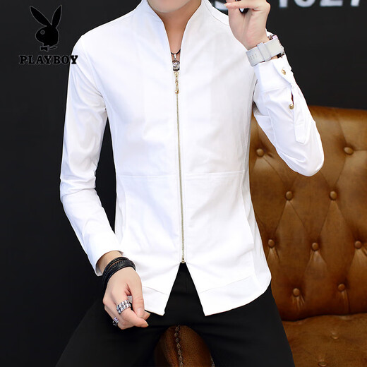 
Playboy (PLAYBOY) men's shirt long sleeve spring and autumn Tang suit plate button Chinese stand-up collar jacket Chinese style casual shirt sense men's clothing white 9905 plate button-up stand-up collar shirt M
