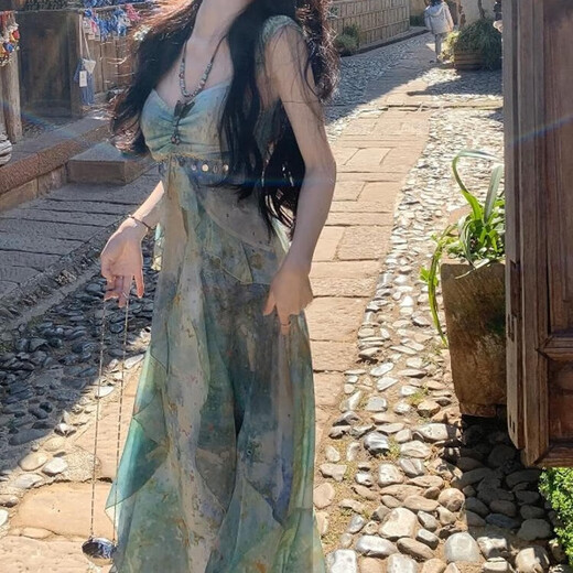 
Lugeli suspender temperament dress for women in summer 2025 new printed slim waist-hugging seaside atmosphere long skirt for women suspender dress [L]