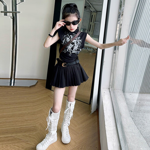 Mokitoul Girls Summer Anzugrock 2025 NEUER Kinder im Sommer Internet-Promi-Street Rock Mid-Large Children coole und hübsche Outfit White T-Shirt + Schwarzer Faltenrock [Set] (High-End-Geschenkboxverpackung) 70 cm5 1