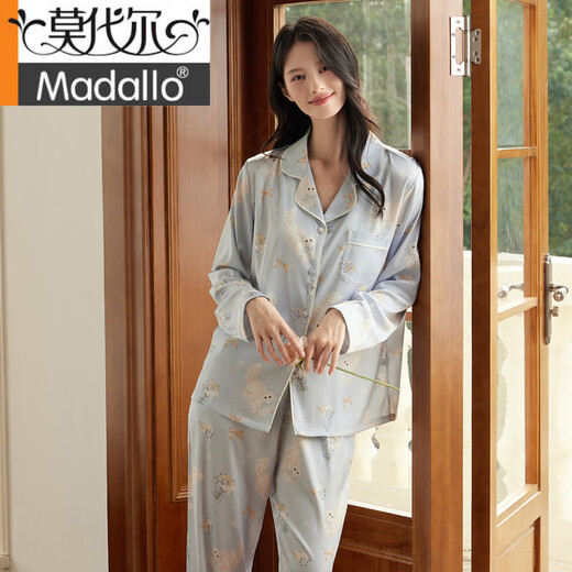 Modal 2025 Casual Pyjamas für Frauen im Frühling und Herbst Neue Heimkleidung Set süß bedrucktes Ice Seide Pyjamas Langarmes Zwei-teiliger Set für Frauen 8185# Light Blue M.