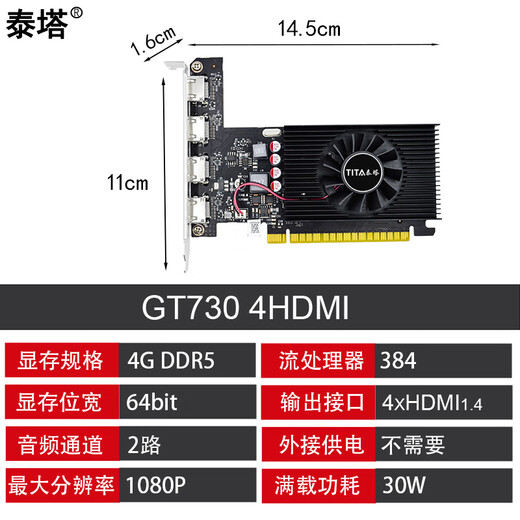 泰塔4HDMI 大小机箱通用4屏炒股多屏显卡分屏投影融合大屏拼接 GT720 730/GTX750 1050 1050TI/RTX3050 GT730 4G 4HDMI升级版