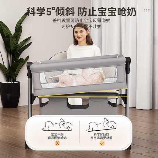 Thai-Mei High Folding Crib Multifunktion Spleißbett bewegliche Babybett Windel Tisch Cradle Bett hellgrau Windel + Moskitonetz + Matratze + Matratze Kissen Kissen