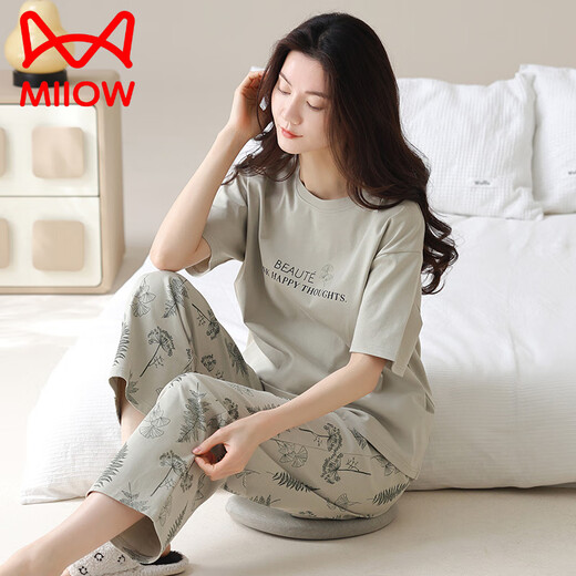 猫人（MiiOW）纯棉睡衣女款夏季2025年新款短袖长裤夏款女士套装居家居服 Y9716 M 建议80-100斤穿