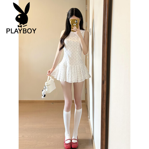 花花公子（PLAYBOY）法式白色初恋娃娃领波点吊带连衣裙子女夏季2025新款甜美百褶短裙 【白色】夏季穿搭2025新款今年流 L 55/60kg
