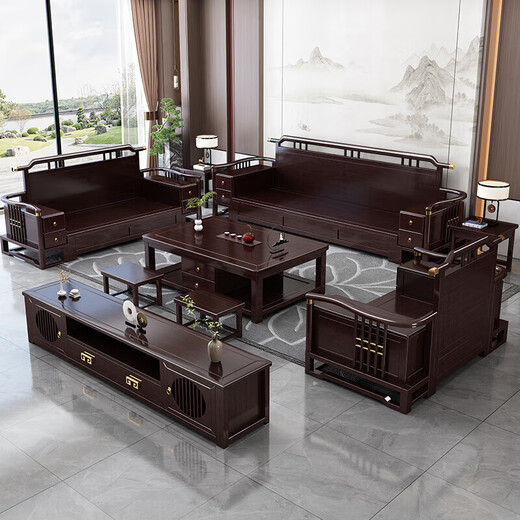 文庭雅苑实木沙发客厅新中式储物贵妃布艺组合轻奢大小户型家具9906 五+贵+抽屉茶几+电视柜+单人位 【储物款】猫抓皮套