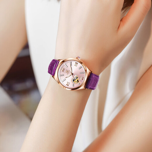 OLEVS Mecánico reloj Hueco Hueco Mujer Mecánica Mecánica Mecánica Impermeable Wating Women's Women's Women Diamond-Set Regalo navideño Regalo de regalo [Caja de regalo que mueve el corazón] B6636SK Purple Leather Rose Shell de 33 mm Diámetro de marcado: