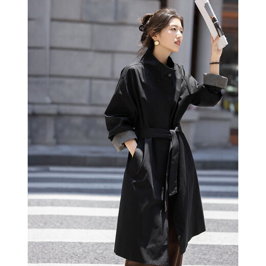 Demana brushed cotton autumn minimalist style stand collar dropped shoulder striped splicing small temperament women's windbreaker jacket