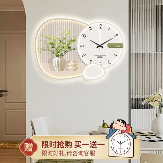 咏幻奶油绿植餐厅装饰画新个性钟表挂钟客厅时钟壁灯 福禄延绵PD4877升级日期 温度 长x宽60x40CM 创意无灯款