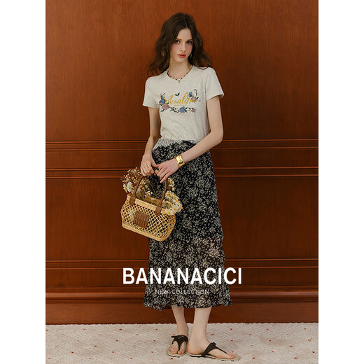 Banana CICI 2025 Été Nouveau American Retro Old Casual Versatile Imprimé Cou Rond T-shirt à manches courtes C252TX684 Gray M