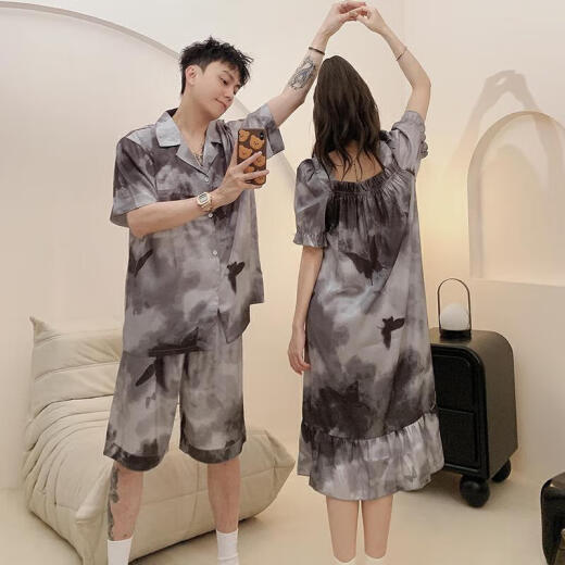 语森忆情侣睡衣一男一女夏季冰丝短袖透气睡裙感休闲大码家居服套装 KAD13076吊带裙-13077 均码 女M+男L