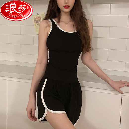 浪莎带胸垫夏季睡衣女吊带莫代尔2025新款性感运动背心家居服套装外穿 12035黑色 L [推荐100-120 斤穿]