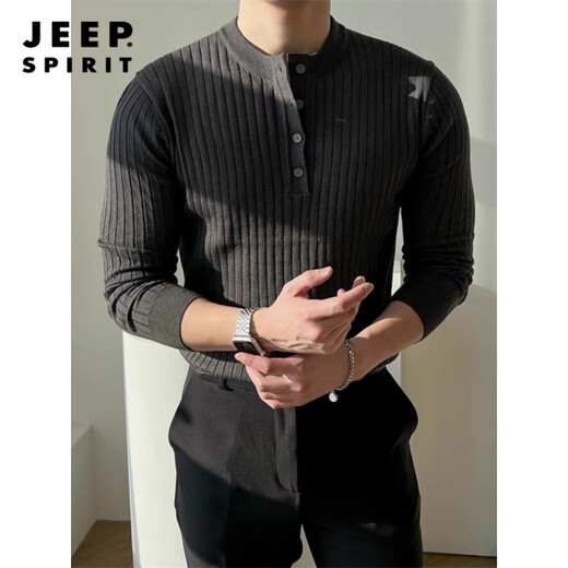 JEEP SPIRIT black Henry collar long-sleeved T-shirt men's spring and autumn American retro round neck sweater with versatile striped men's black M