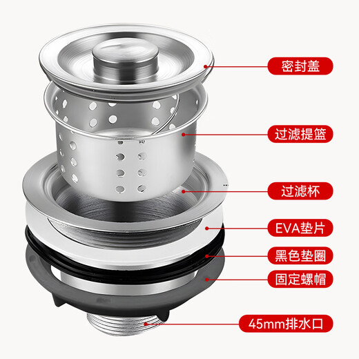 Dezhong kitchen sink drain pipe complete set, anti-odor and hot-resistant kitchen drain pipe, single sink dishwashing pool 304 stainless steel drain pipe accessories P9