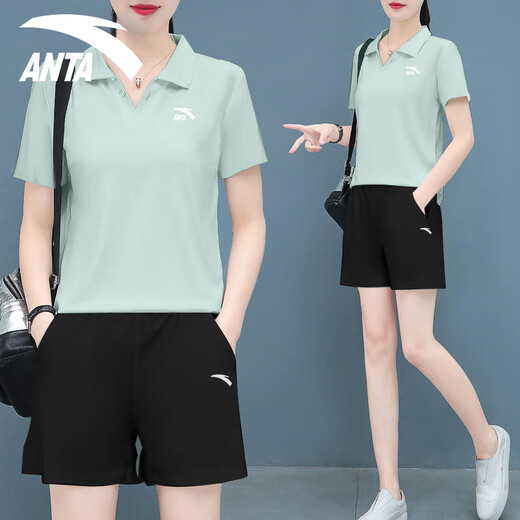 安踏运动套装女2025夏季款冰丝速干短裤跑步健身服宽松短袖t恤两件套 8113-4基础黑【男女同款套装】 M/170